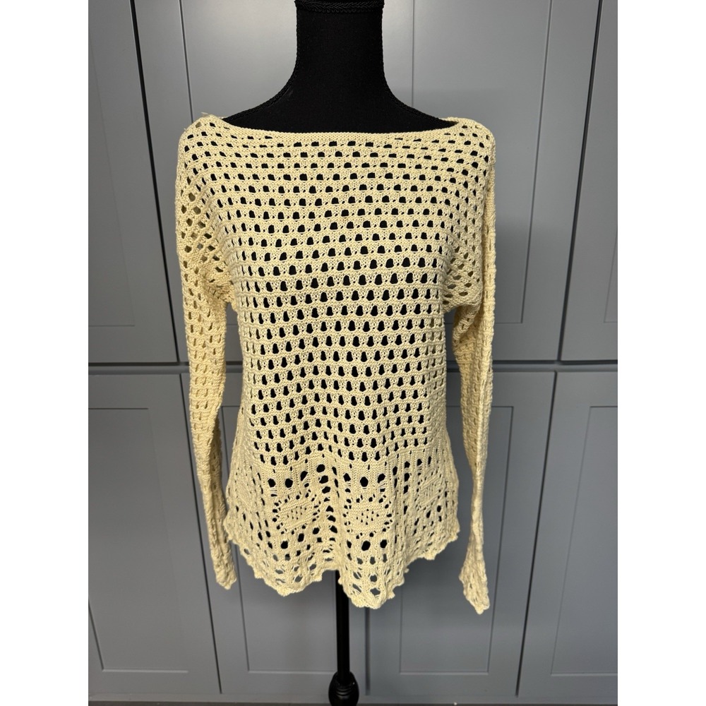 Jeanne Pierre sweater Large Open Knit Pullover Boho Yellow Cottagecore beach